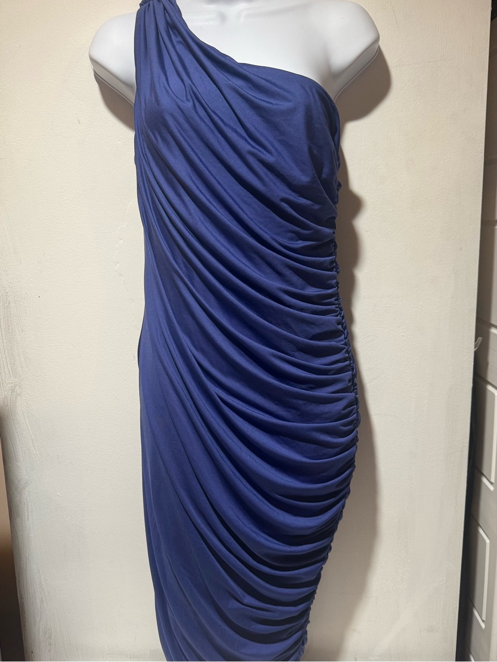 PattyBoutik One-Shoulder Draped Dress in Royal Blue